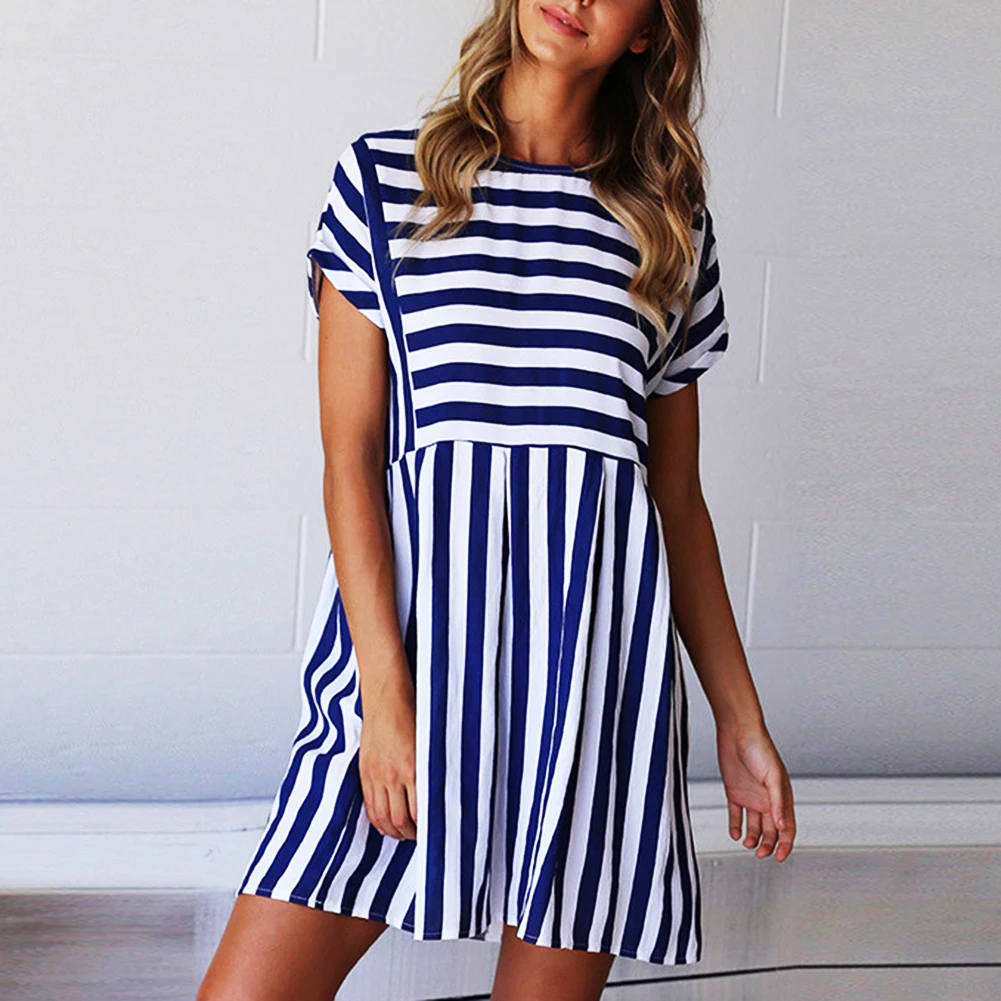 Женские летние платья 2020 Пляжное Платье в полоску с коротким рукавом мини-платье