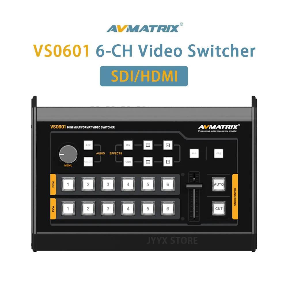 

Avmatrix VS0601 Multi-format Video Switcher 6 Channel SDI HDMI-compatible inputs Mini Video Switcher Audio Mixer AFV Mode