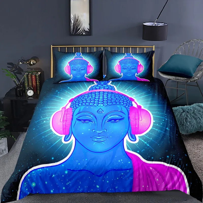 

Buddha Statue 3D Printed Bedding Sets Luxury Sculpture Pattern Blue Purple Duvet Cover Pillowcase 2/3 pcs Microfiber Bedclothes