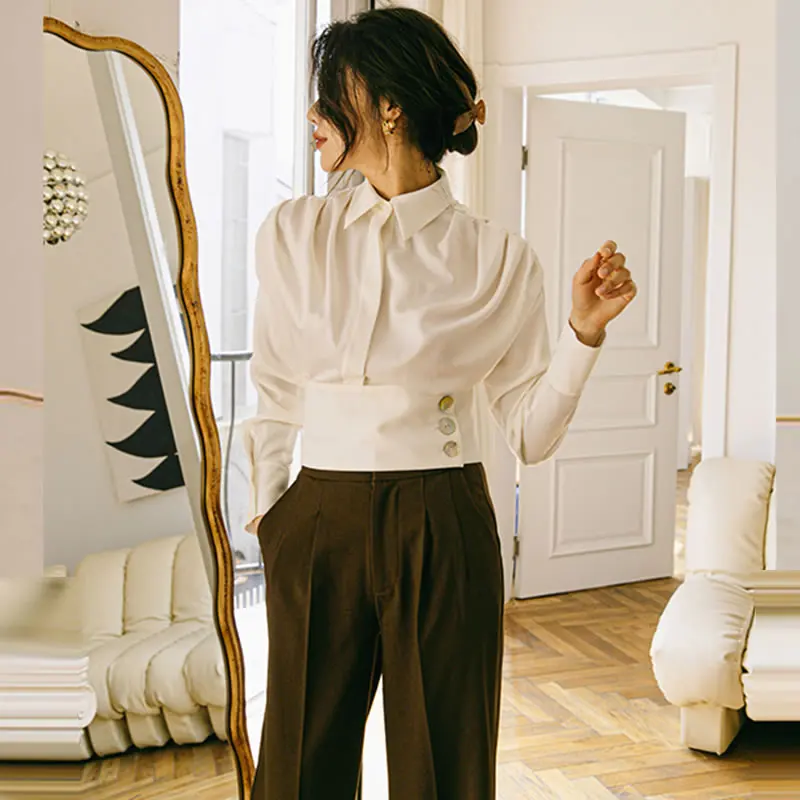 

XITAO White Pleated Blouse Fashion New Women Single Breast Thin Full Sleeve Goddess Fan Casual Style Loose Shirt LDD1366