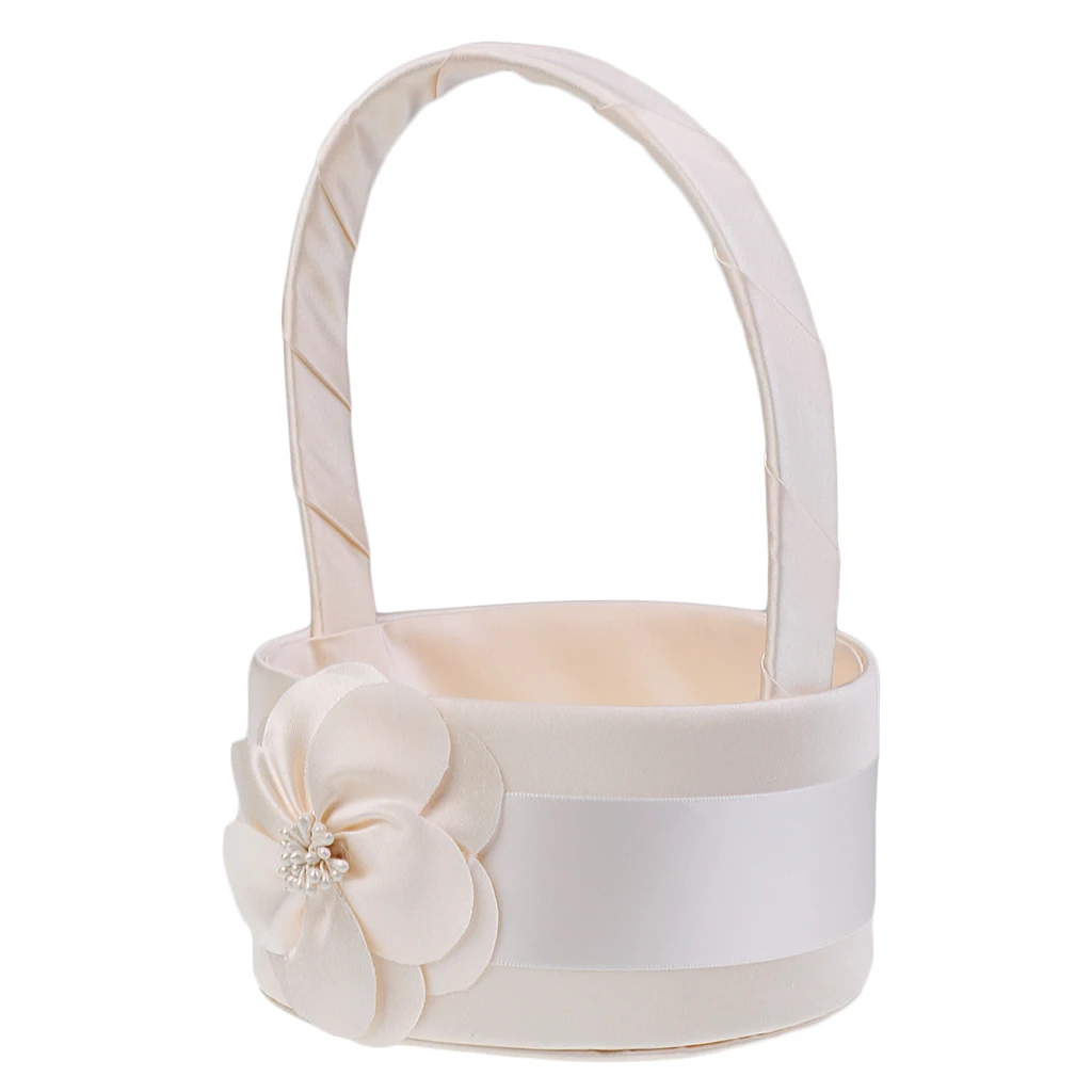 

Champagne Silky Satin Chic Bud Flower Design Round Flower Girl Basket Bridal Bridesmaid Basket Wedding Party Petals Decoration