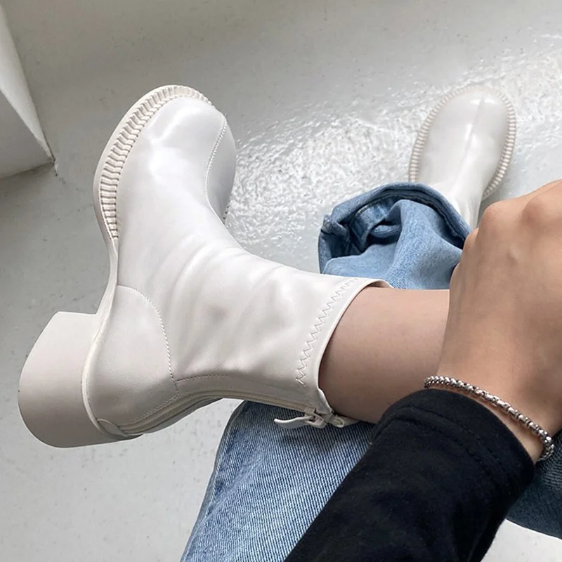 Botas de tacón alto con cremallera para mujer, botines sexys a la moda, cómodos, de punta redonda, color blanco (0)