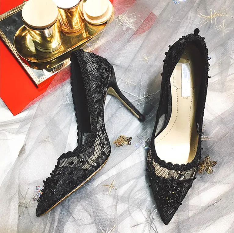 Женские кружевные туфли-лодочки вечерние туфли на высоком каблуке с острым