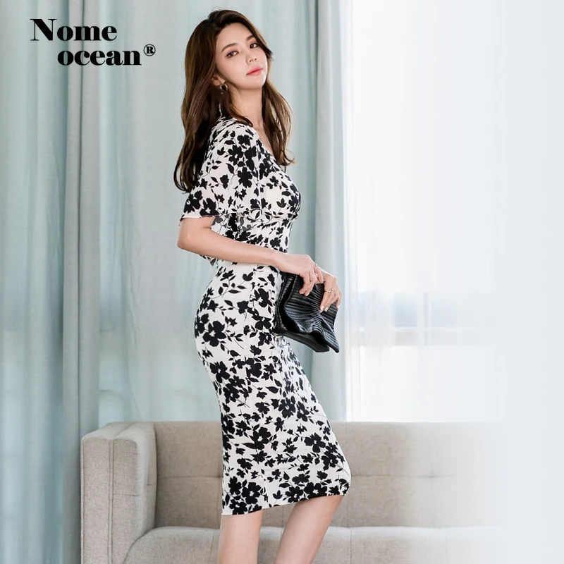 Черный и белый Цветочный принт миди платья с v-образным вырезом коротким рукавом