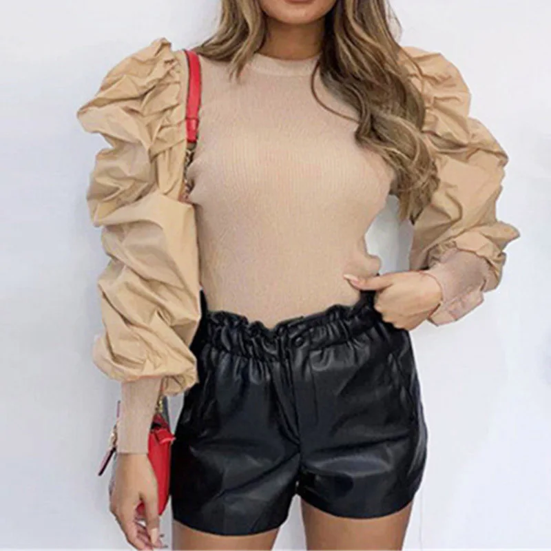 Однотонные рубашки с пышными рукавами в стиле пэчворк Женская Винтажная