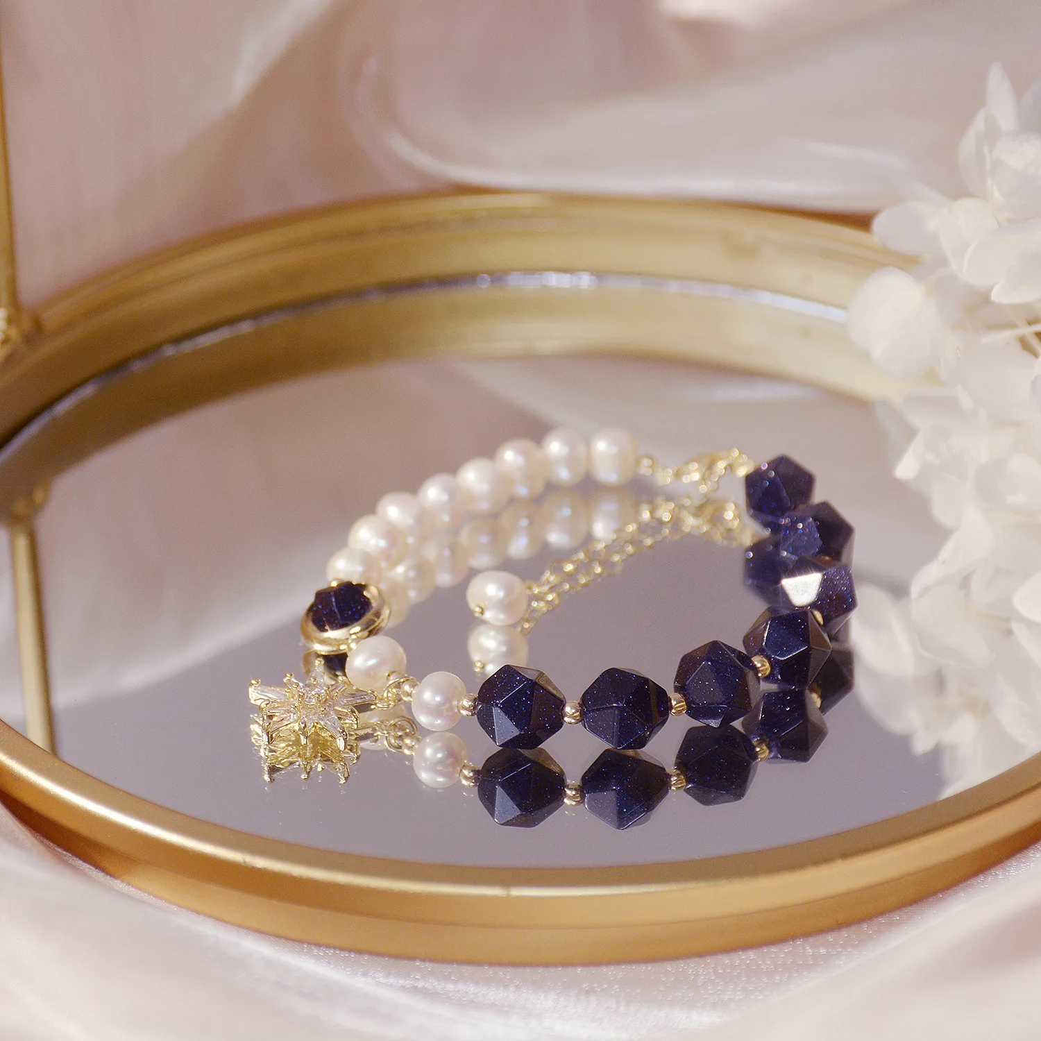 

High Quality Starry Sky Blue 14k Gold Zircon Awning Multi-faceted Natural Freshwater Pearl Bracelet for Women