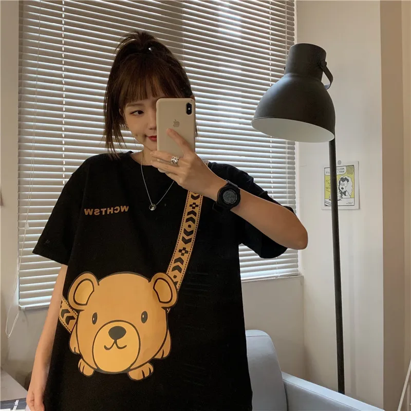 

Japanese Bear Cotton Short Sleeve T-shirt Women's Summer 2021 Loose Korean Ins Harajuku Chic Hong Kong Style
