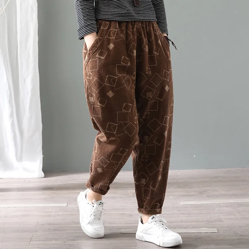 

2022 осень и зима новые простые черные шаровары свободные повседневные эластичные с высокой талией Вельветовые женские девять точечных брюк бесплатная доставка