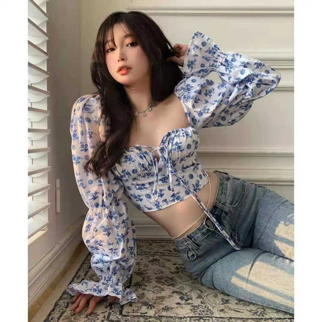 Floral Shirt French Square Collar Lace Puff Sleeve Design Niche Women's Spring Summer Ins Short Cropped Long-Sleeved Tender
