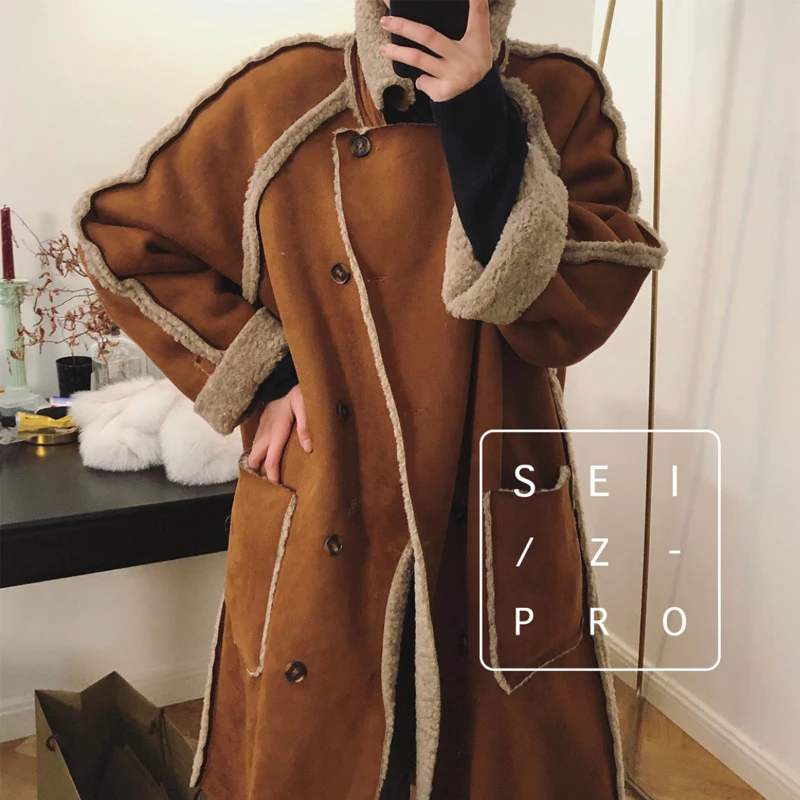 

Oversized Long Coat For Women Winter 2021 Fashion Lamb Wool Lining Wear On Both Sides Warm Overcoat Casual Thick Outwear