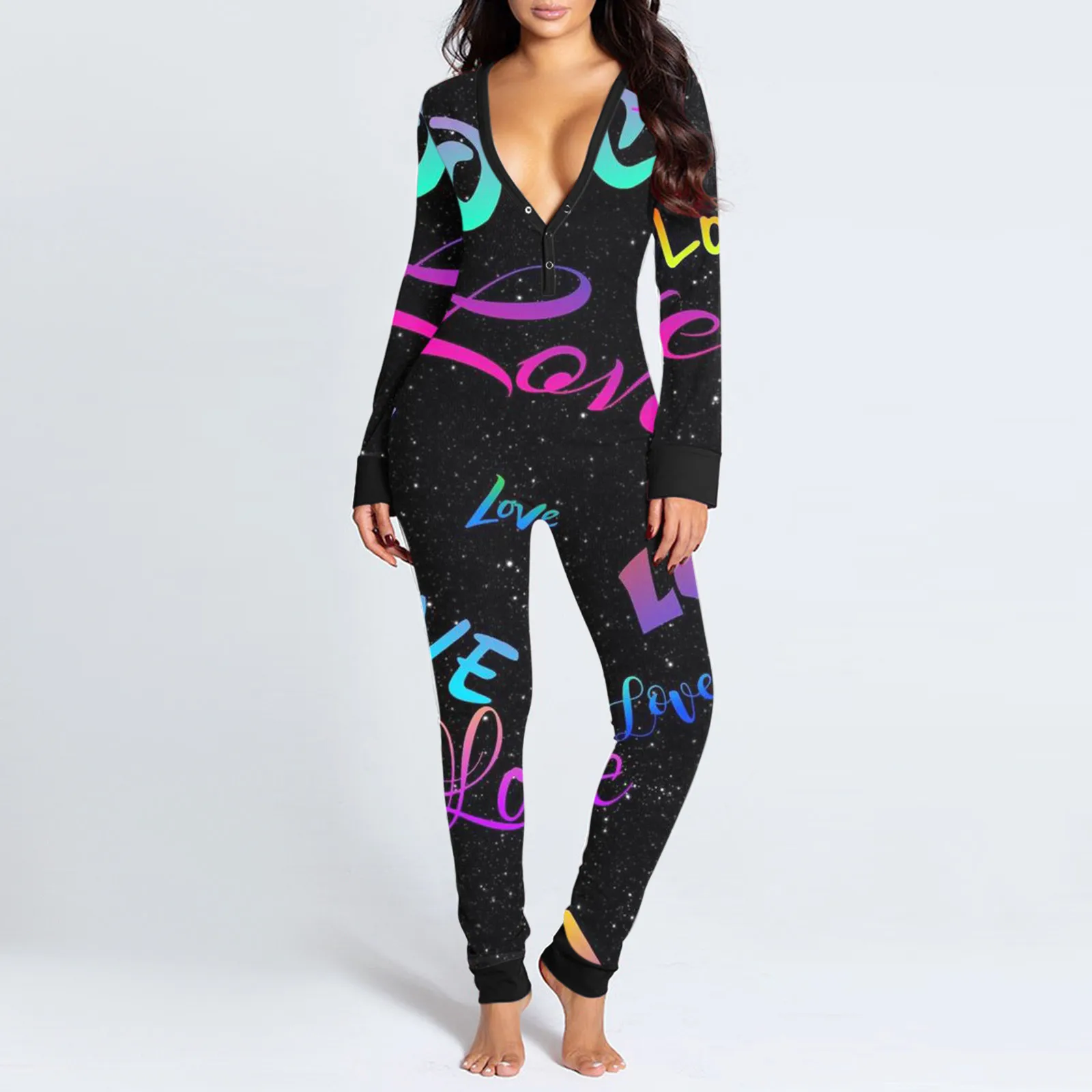 

Casual Jumpsuit Women Print Long Sleeve Button Flap Nightwear Jumpsuit Bodysuit Playsuit Romper Sleepware