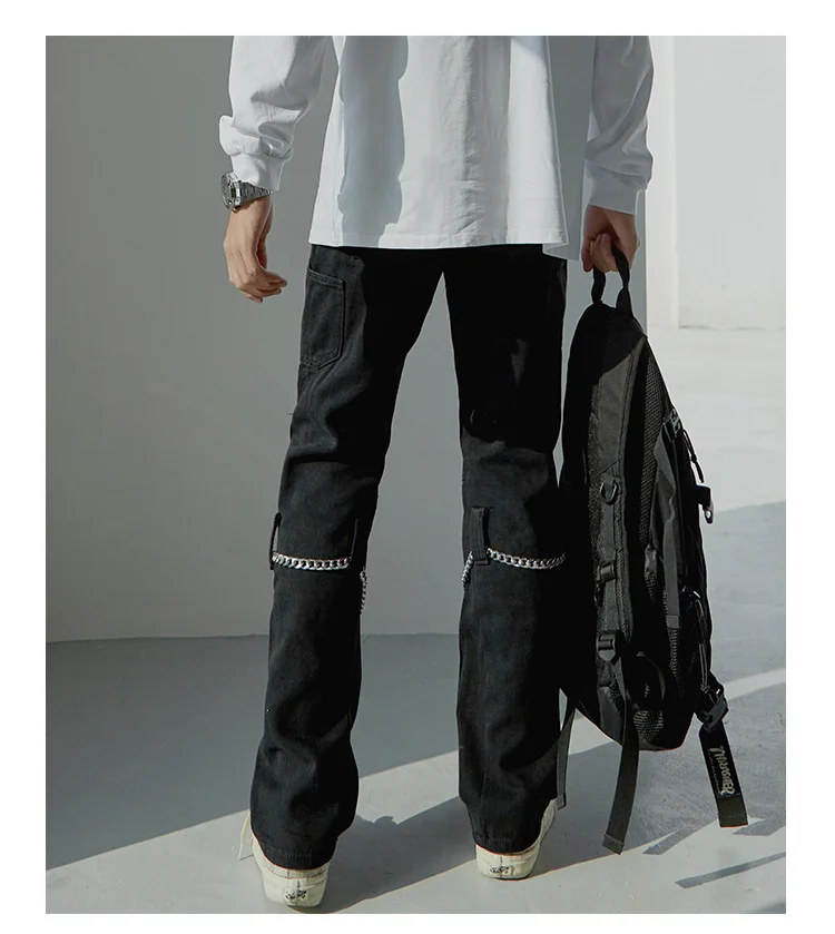2021 Chain Decoration Black Slim Men Hip Hop Jeans Pencil Pants Solid Casual Gothic Denim Trousers Korean Fashion Pantaloni Uomo