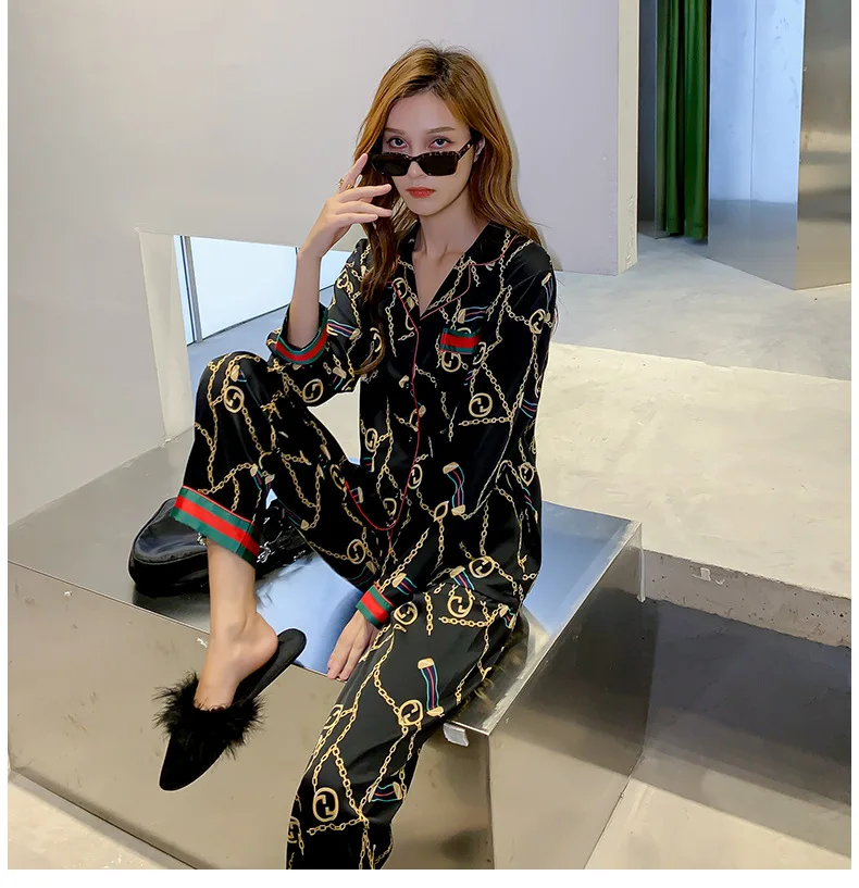 Spring 2021 Ice silk couple pajamas for women set web celebrity long sleeve simulation silk home suit summer 490730