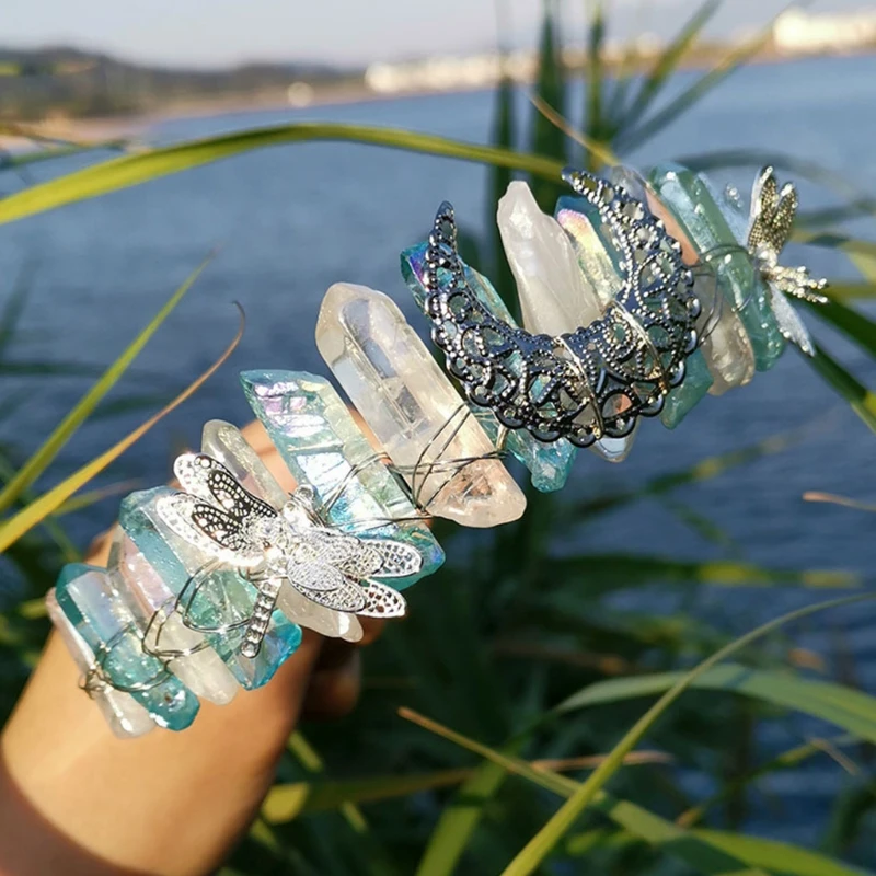 

Handmade Colorful Raw Crystal Headband Antique Silver Metal Moon Dragonfly Hair Hoop Wedding Bridal Jewelry Tiara Crown