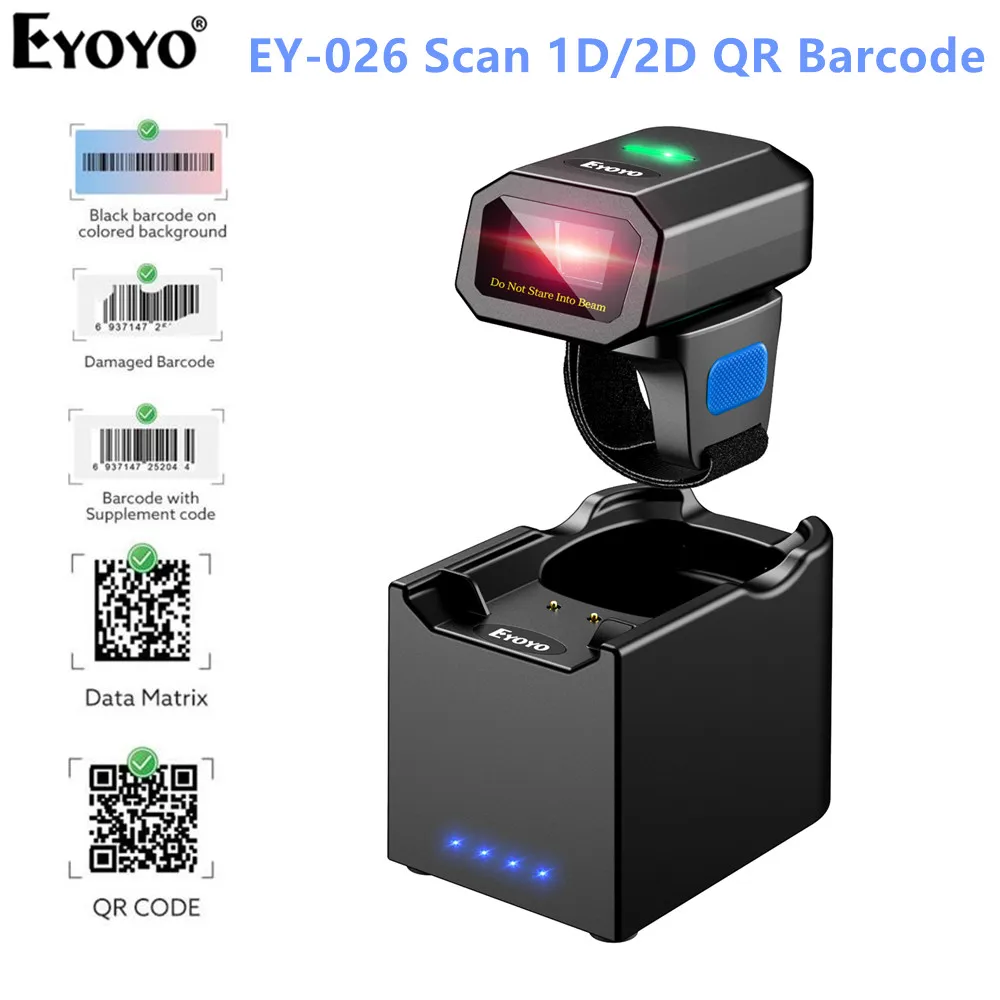 Eyoyo 2D Wireless Ring Barcode Scanner Compatible Bluetooth 2.4G Wireless Wired Portable Wearable Mini Finger Bar Code Reader
