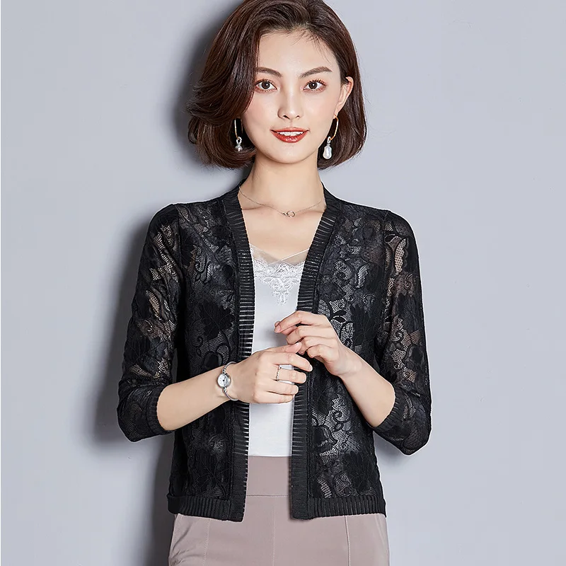 Женская ажурная кружевная куртка тонкая винтажная Короткая шаль с рукавом три