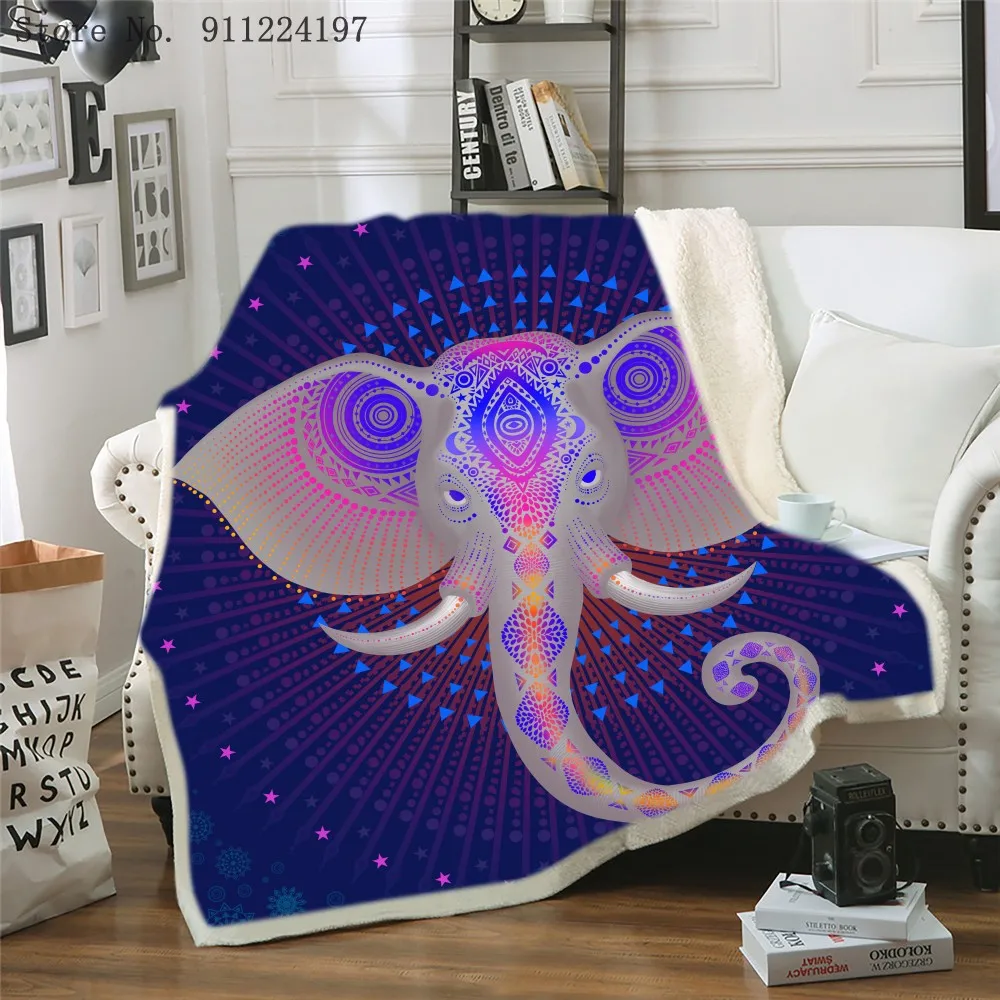 

Bohemia Elephant Sherpa Throw Blanket 3D Printed Animal Bedspread Photography Black And Purple Plush Blanket 150x100cm