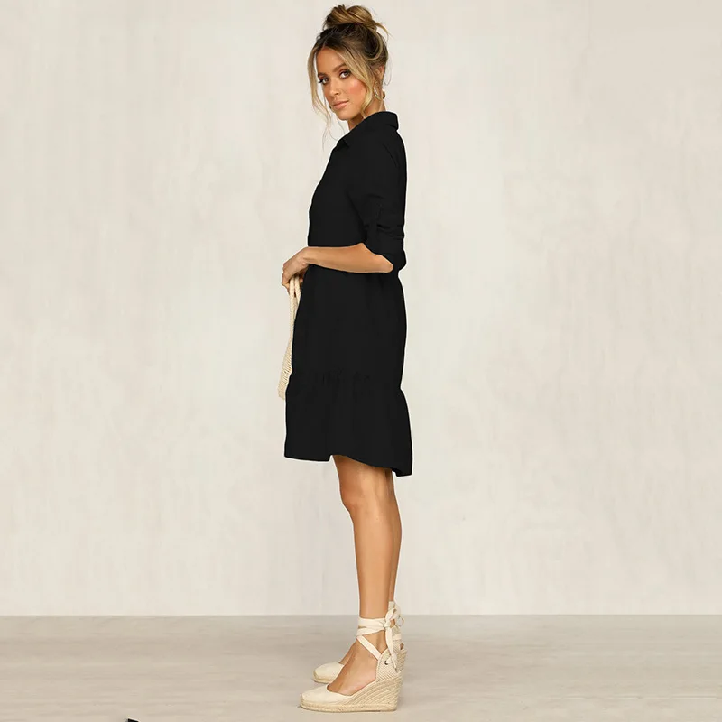 

Autumn Winter Ladies Casual Single Breasted Solid Dress Women Turn Down Collar Straight Half Sleeve Shirt Dress 2021 New