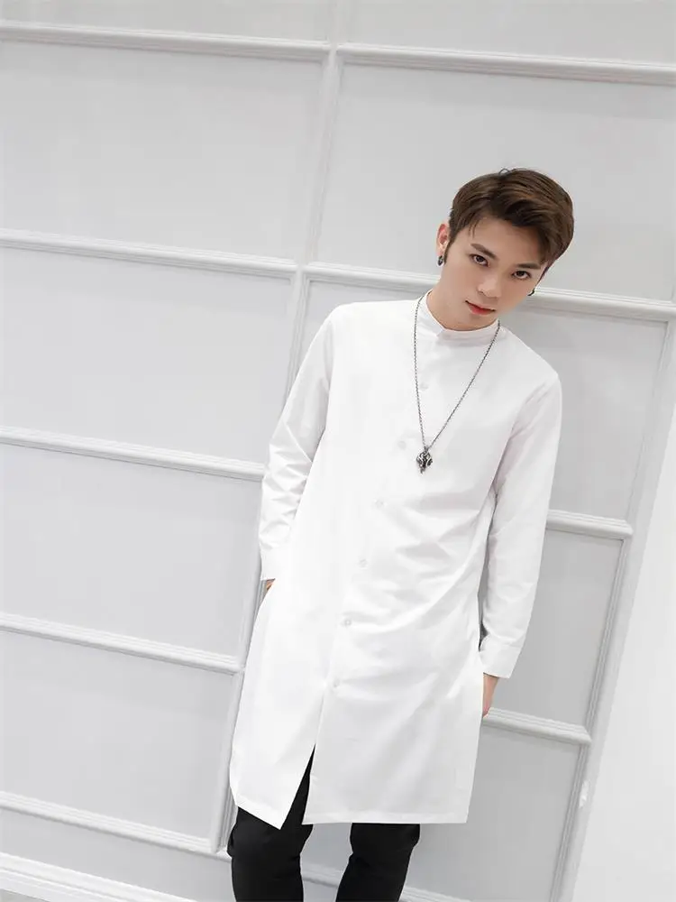 Men's Long-Sleeve Shirt Spring And Autumn New Standing Collar Slender Long Korean Fashion Casual Large Size Shirt