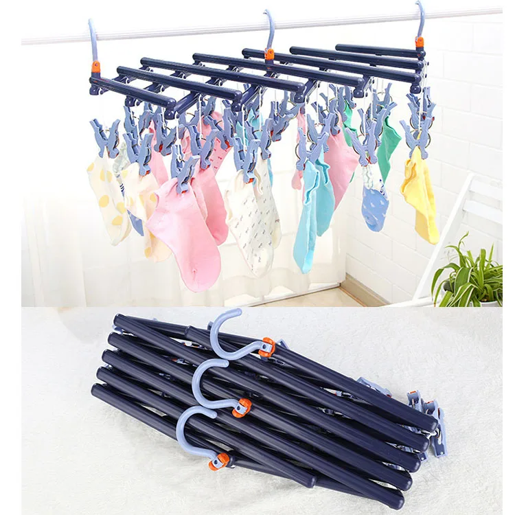 

29 Clips Foldable Cloth Socks Drying Rack Bathroom Storage Rack Windproof Hanger Home Household Organizer Holder Rack EL