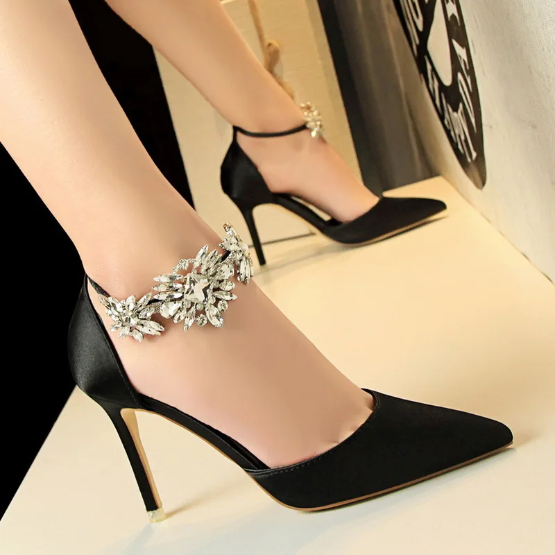 

Elegant Rhinestone High Heels Women Pumps Silk Pointed Toe Wedding Shoes Women Buckle Strap Crystal Party Shoes Women SWB0025