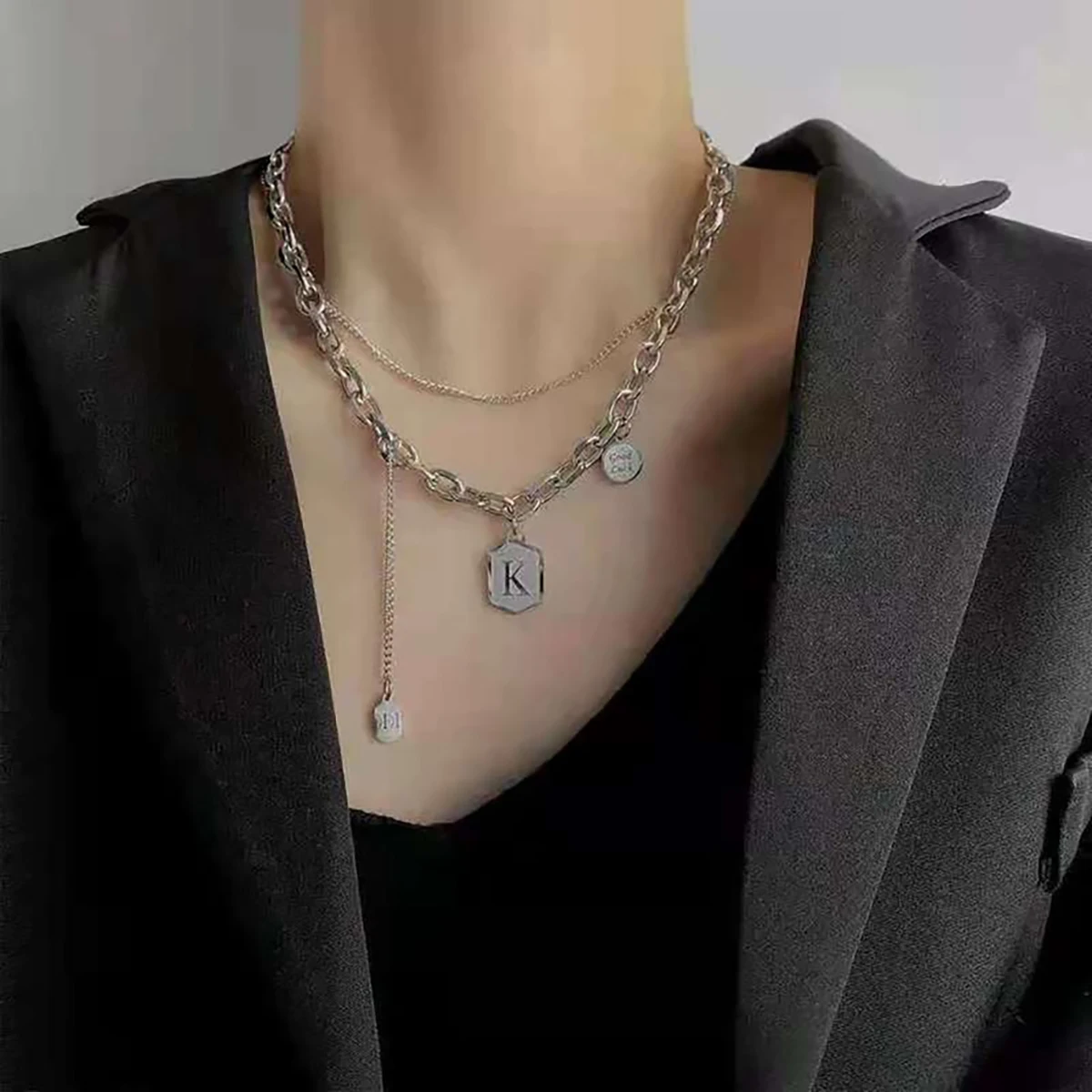 

Moloye 2021 European And American Ins Personality Trendy K Letter Clavicle chain Hip-Hop square brand Double-Layer Necklace
