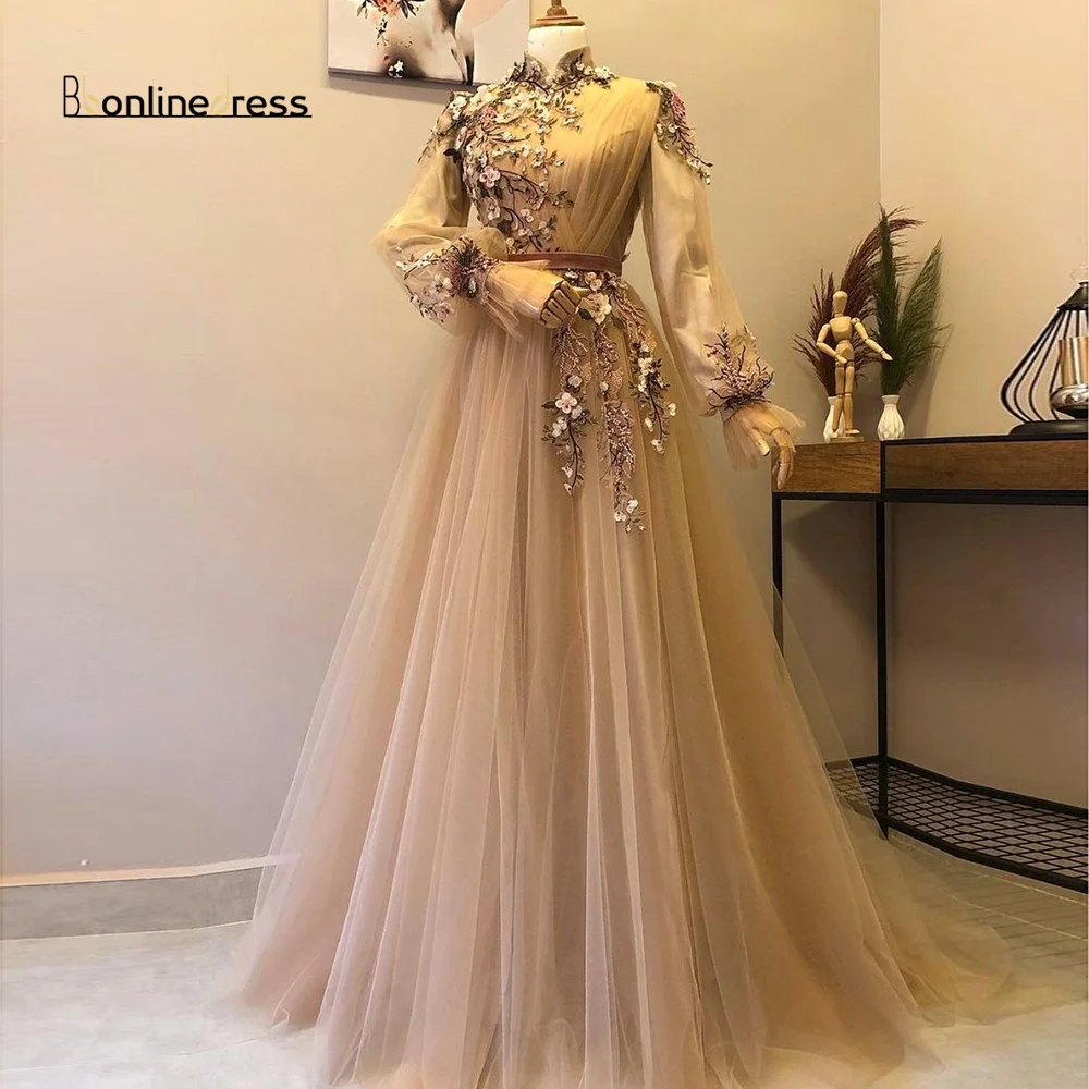 

Bbonlinedress Appliques Caftan Evening Dress Sashes Long Elegant Arabic Muslim Party Gown High Neck Moroccan Prom Dresses
