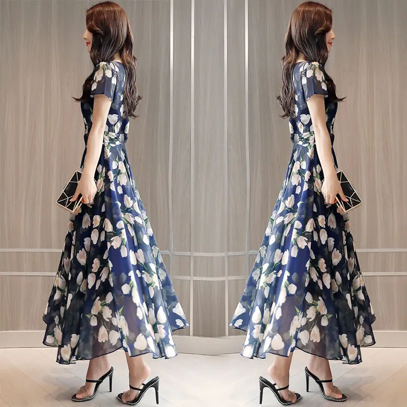 Летняя мода Цветочный принт шифоновое платье женские большие размеры элегантный