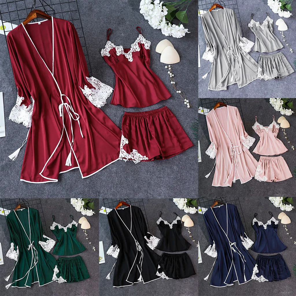 Комплект ночного белья из трех предметов с халатиком кружевные лоскутные пижамы