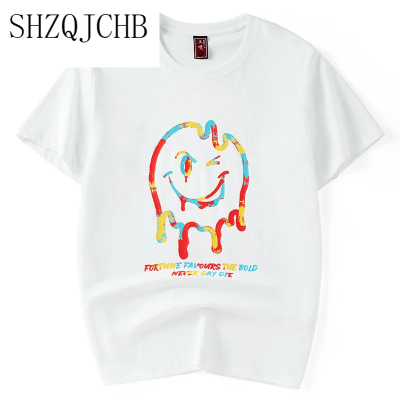 

new Summer graffiti smile face short sleeve t-shirt men's street style lovers trend hip hop cartoon loose round neck half sleeve