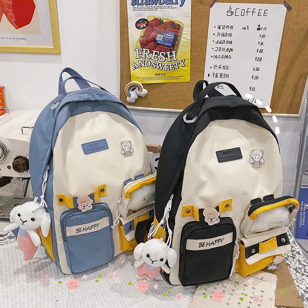 

Kawaii женский холщовый рюкзак большой вместимости рюкзак для студентов школьный рюкзак Лоскутные сумки с плюшевой подвеской значок