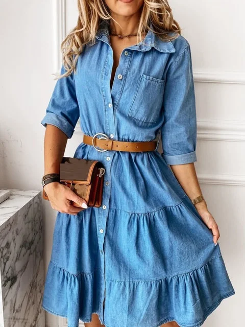 

Fashion streetwear blue denim dress Elegant casual pocket 3/4 sleeve turn-down collar button up mini dress robe jean femme