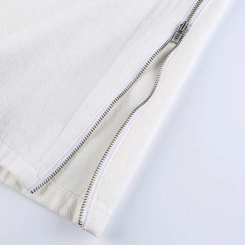 

Side Zipper Split Cotton White Jeans Women Streetwear Fashion Pocket High Waisted Loose Baggy Cargo Pants Capri Ladies Trousers