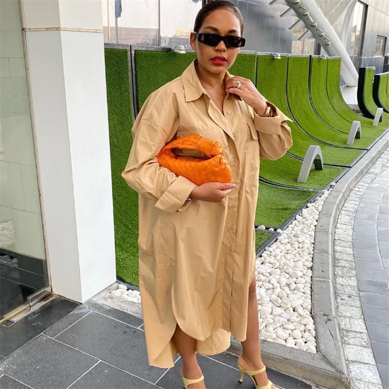 

Spring Autumn 2021 Women Loose Sundress Elegant Long Sleeve Casual Lapel Neck Split Solid Office Lady Plus Size Shirt Dress
