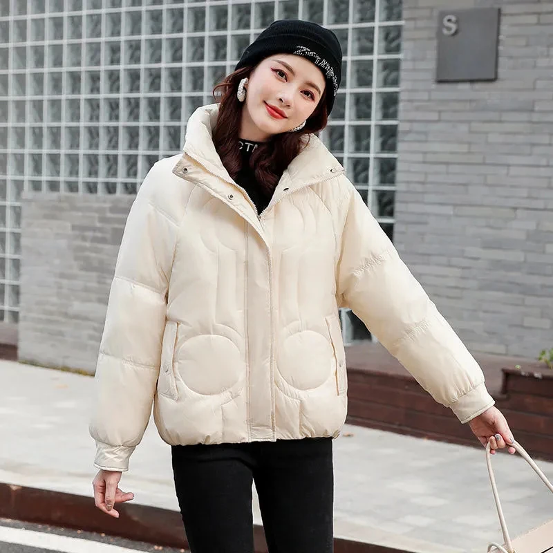 

Корейское короткое однотонное пальто, женская зимняя теплая куртка с воротником-стойкой и пряжкой на молнии, с хлопковой подкладкой, парки ...