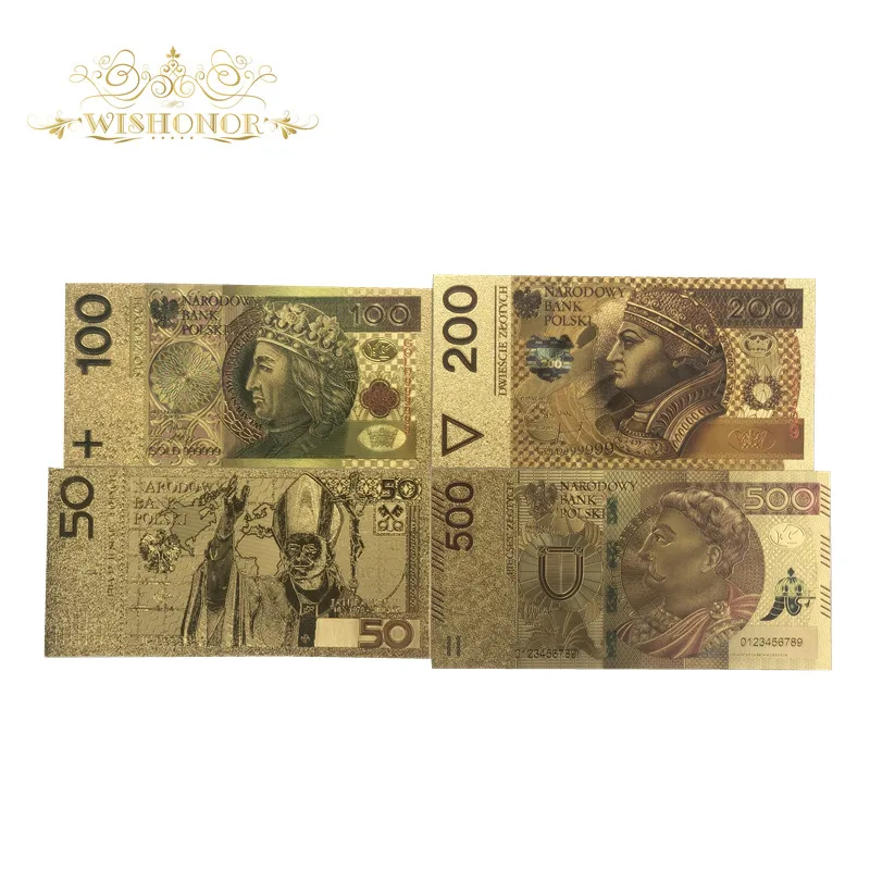 1 комплект, красивые банкноты в Польшу, 50 100 200 500 купюр, золото, 24 k, позолоченная бумага, копия денег для коллекции