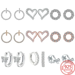 Hot Selling 100% 925 Sterling Silver Simple Temperament Earrings Round Heart-shaped Shiny Zircon Earrings Jewelry Gift for Women