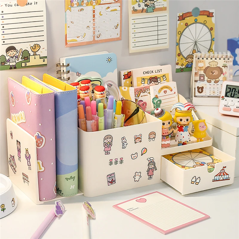 

Multifunctional Desktop Storage Shelves Pen Holder Bookshelf Student Girls Cartoon Bookend Free Sticker Stationery Organizer Box