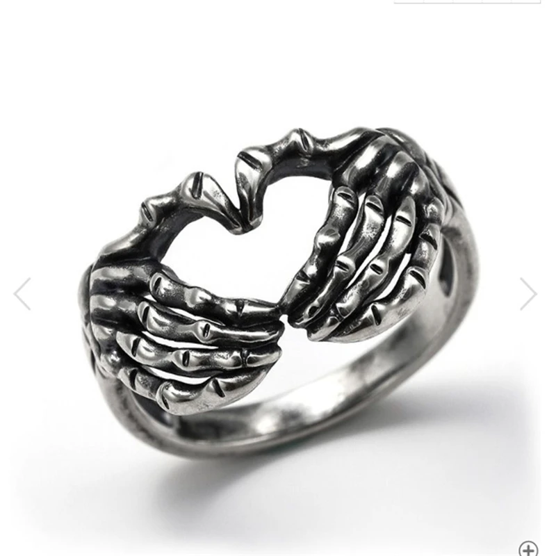 

Silver Plated Hand Heart Rings For Men Gothic Creative Punk Rings Skeleton Couple Ring Women Hip Hop Band Jewelry Charm Gift