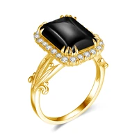 szjinao luxury 14k gold ring for women gemstones black ring onyx with aaa cubic zirconia shiny 925 silve gold plated jewelry