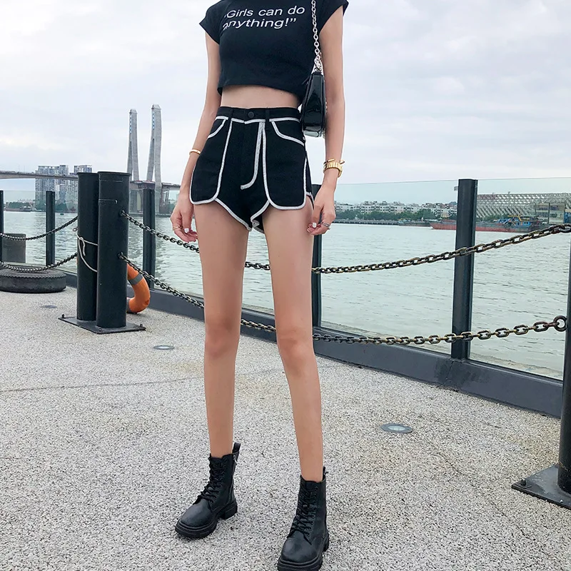 

Chic Hit Color High Waist Wide Leg Denim Hot Shorts 2021 Summer New All-match A-line Short Jeans Fashion Design Pants Female