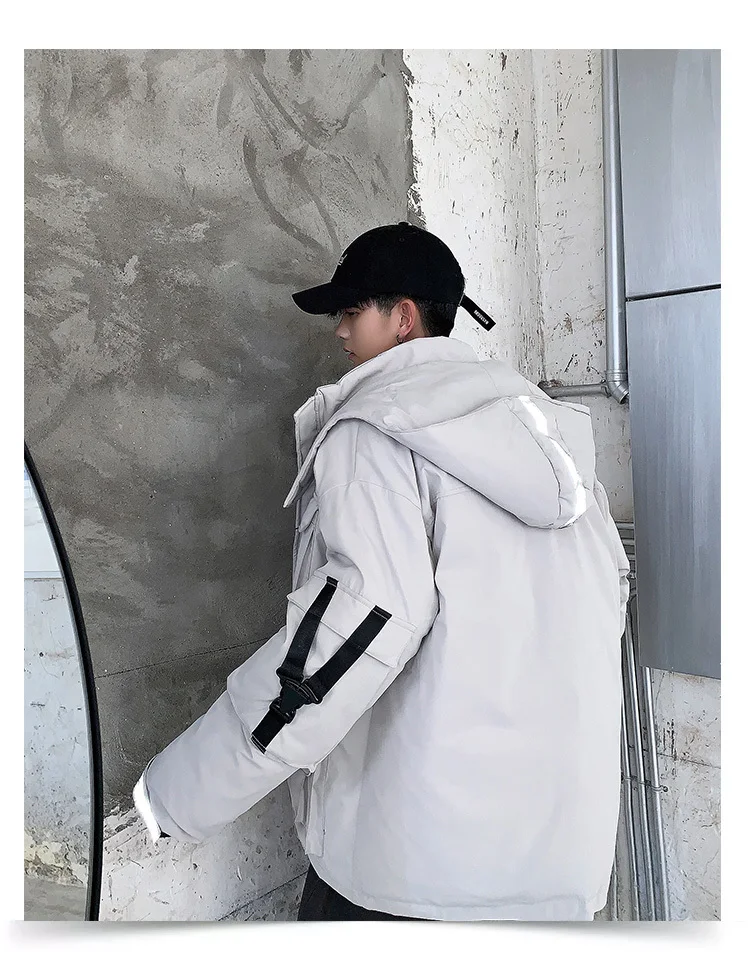 Winter Short Coat Men Warm Thick Parka Men Fashion Reflective Strip Hooded Coat Man Streetwear Loose Tooling Jacket Male Clothes