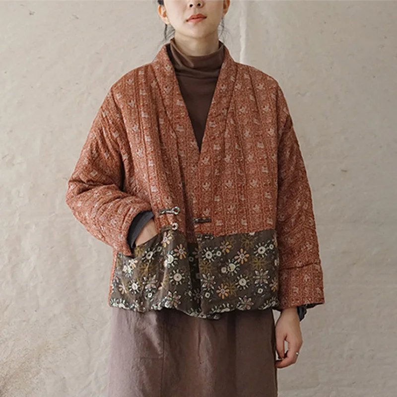 

SCUWLINEN Japan Style Parka 2020 Winter Vintage Seal Cutting Print Patchwork Bat-wing Sleeve Loose Short Cotton Padded Coat P320