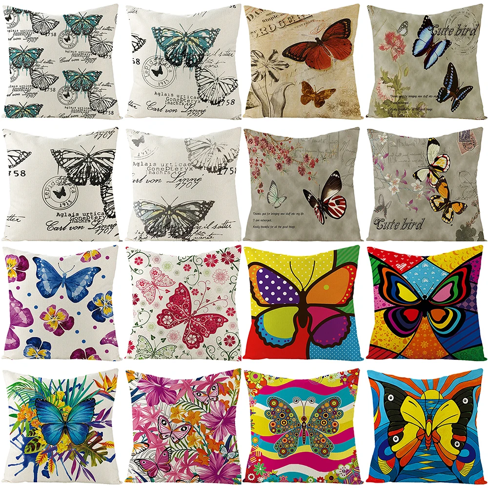 

1pcs Retro Butterfly Throw Pillow Cover Cotton Linen Colourful Cartoon Animal Cushion Cover Sofa Car Decaration Pillowcase 45*45