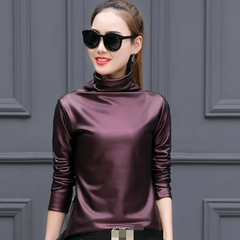 Женская блузка из искусственной кожи с высоким воротником и длинным рукавом