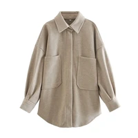 women fashion with pockets oversized woolen jacket coat vintage long sleeve snap button female outerwear chic tops