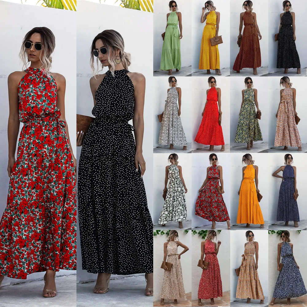 

Summer Dress Women Casual Floral Print Sleeveless Sexy Off Shoulder Slim Lace Up Design Robe Femme Halter Long Dresses Vestidos