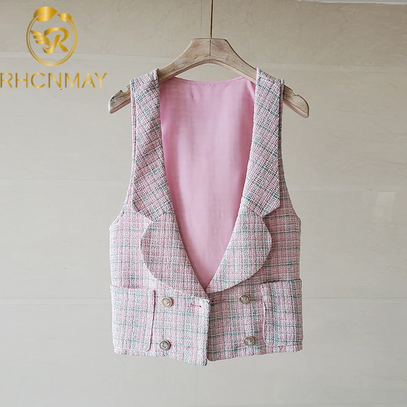 

Pink Striped Loose Soft Tweed Sleeveless Jacket Woman High Quality Vest Coat Double Breasted Buttons Pockets Outerwear Lady 2021