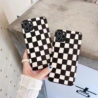 trendy black white rhombussquare pattern phone case for iphone11 12 13pro max mini xr xs x 8 7plus pu lambskin protection cover