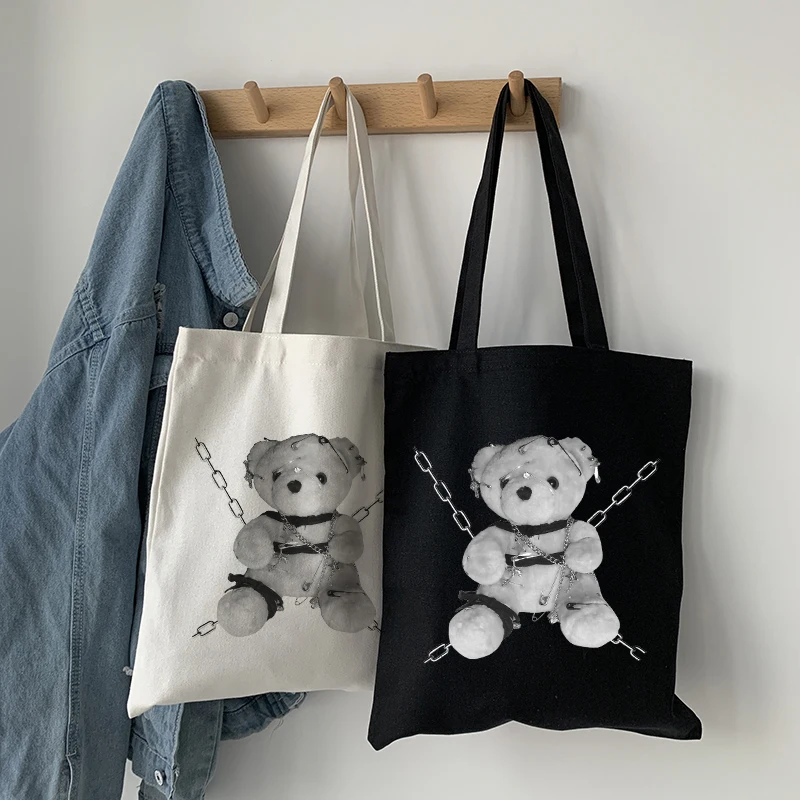 

Gothic Bear Canvas Bag Casual Fashion Hip-hop Handbag Ulzzang Fun Vintage Punk Japanese Cartoon Harajuku Shoulder Bags